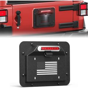 Spare Tire Delete License Plate Holder with LED Brake Light, Fits for 2007-2018 Jeep Wrangler JK JKU, Carbon Steel with E-Coating & Powder-Coated Finish, USA Flag Relocation Bracket Kit
