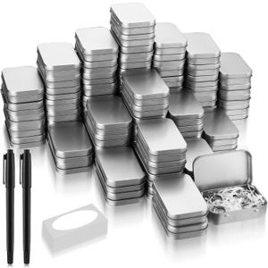 meekoo 162 Pcs Metal Tins Empty Rectangular Storage Container Kit Includes 80 Hinged Tin Box 3.7 x 2.4 x 0.8 Inch Craft Organizers Metal Boxes With Lid 80 Adhesive Tags 2 Black Paint Pens(Silver)