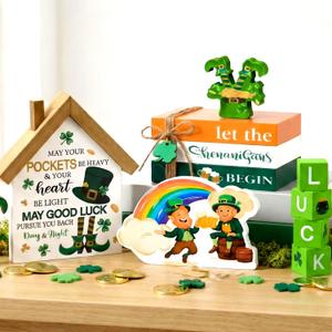 Thyle 10 Pcs St. Patrick's Day Table Sign Wooden Shamrock Lucky House Irish Lucky Block Book Stack Tiered Tray Table Centerpiece for Farmhouse Home Kitchen Party Decor(Let The Shenanigans Begin)