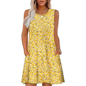 OFEEFAN Summer Dresses for Women 2025 Loose Pleated Sleeveless Tank T Shirt Dress Crewneck Sundresses Pockets Yellow Floral M