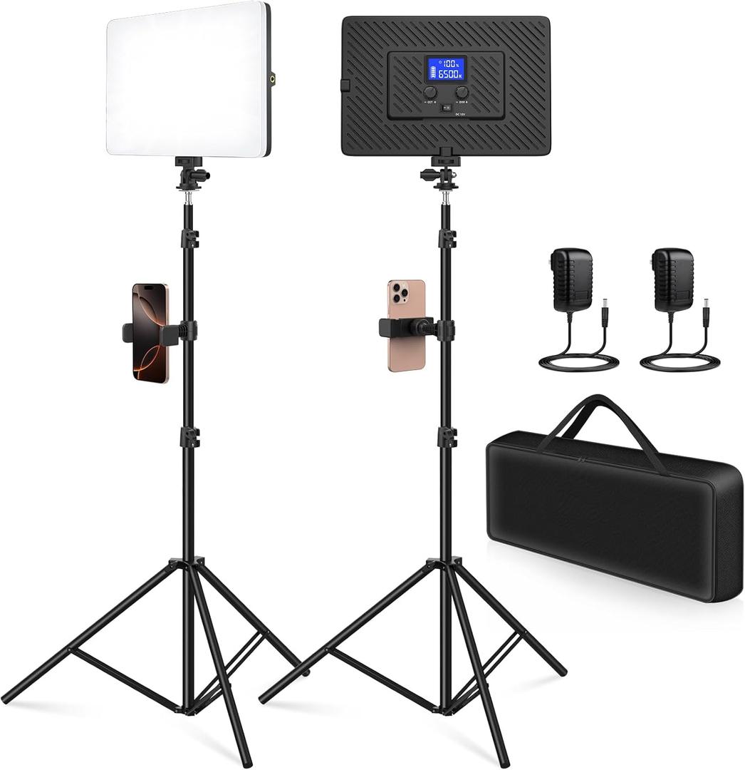 2 Pack Led Video Light Kit, 4000mAh Rechargeable Lithium Battery, Light Panel 2500k-8500k 2200Lux 79 inches Light Stand for Studio Photography Light Video Recording Game Live Streaming