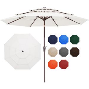 JEAREY 9FT 3 Tier Patio Umbrella Outdoor Market Umbrella Table Umbrellas with 8 Ribs 1.5 Pole Push Button Tilt and Crank UV Protection for Garden,Off-white
