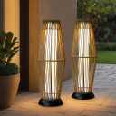 TRIROCKS Outdoor Floor Lamp 2 Piece Solar Powered Lantern Wicker Solar Patio Lamp with Olifen Rope Waterproof Rattan Outside Solar Deck Light for Patio Garden Lawn Yard (Grey)