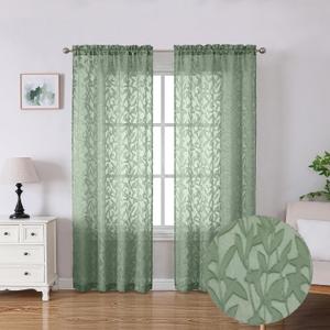 Lecloud Leia 72 Inch Sheer Curtains Sage Green Panels Set of 2, Double Rod Pocket Window Living Room Curtain with Leaves, Light Reducing Jacquard Texture Voile Drapes for Bedroom Bathroom, 38W x 72L