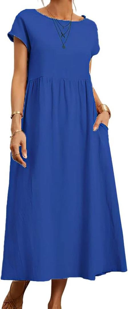 Kubsid Long Blue M Dresses for Women 2024 Summer Cotton Linen Solid Short Sleeve Gauze Dress Crewneck Loose Casual Beach Vacation Flowy Short Dress with Pockets (Blue)
