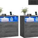 VASAGLE Custos Collection - Set of 2, 23.6 Inch Wide Nightstands with Charging Station, LED Lights, Modern Night Stands, Side End Tables with Drawers, Open Shelf, 2 AC Outlets USB Ports, Misty Gray