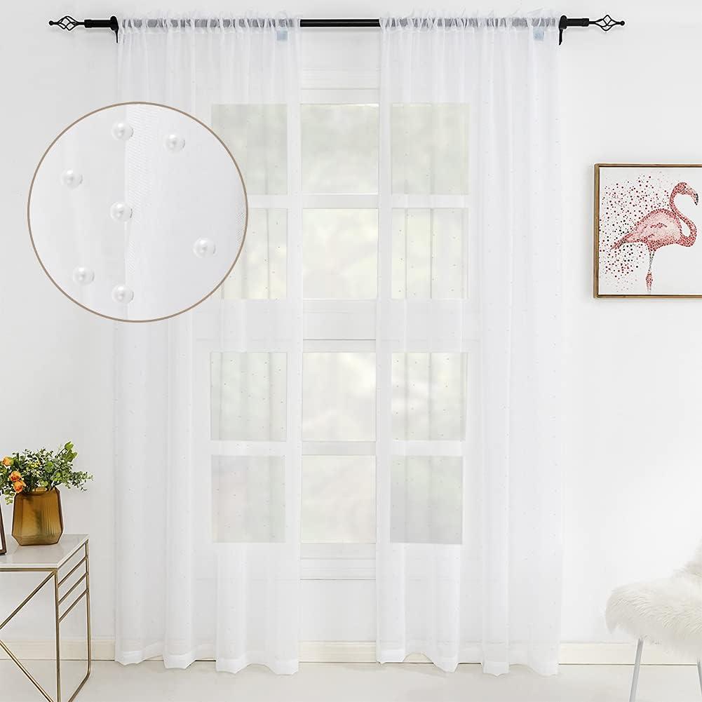 White Sheer Curtains-White Pearl Dcor Gauze Curtain, Window Treatment Panels Beautiful Voile Elegance Drapes for Living Room, Bedroom, Kitchen Fully Stitched, Set of 2, 52x 45-inch Length (52"W x 45"L (Pack of 2), White)