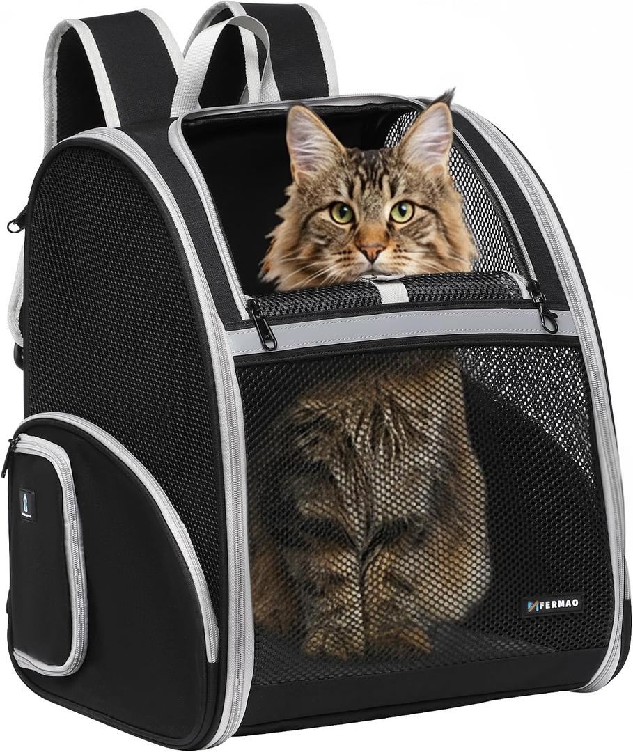 Pet Backpack Carrier, Large Cat Carrier Backpack Up to 20 Lbs with Breathable Mesh, for Medium Large Cats or Small Dogs, Travel Hiking Camping Backpack (Black-XL)