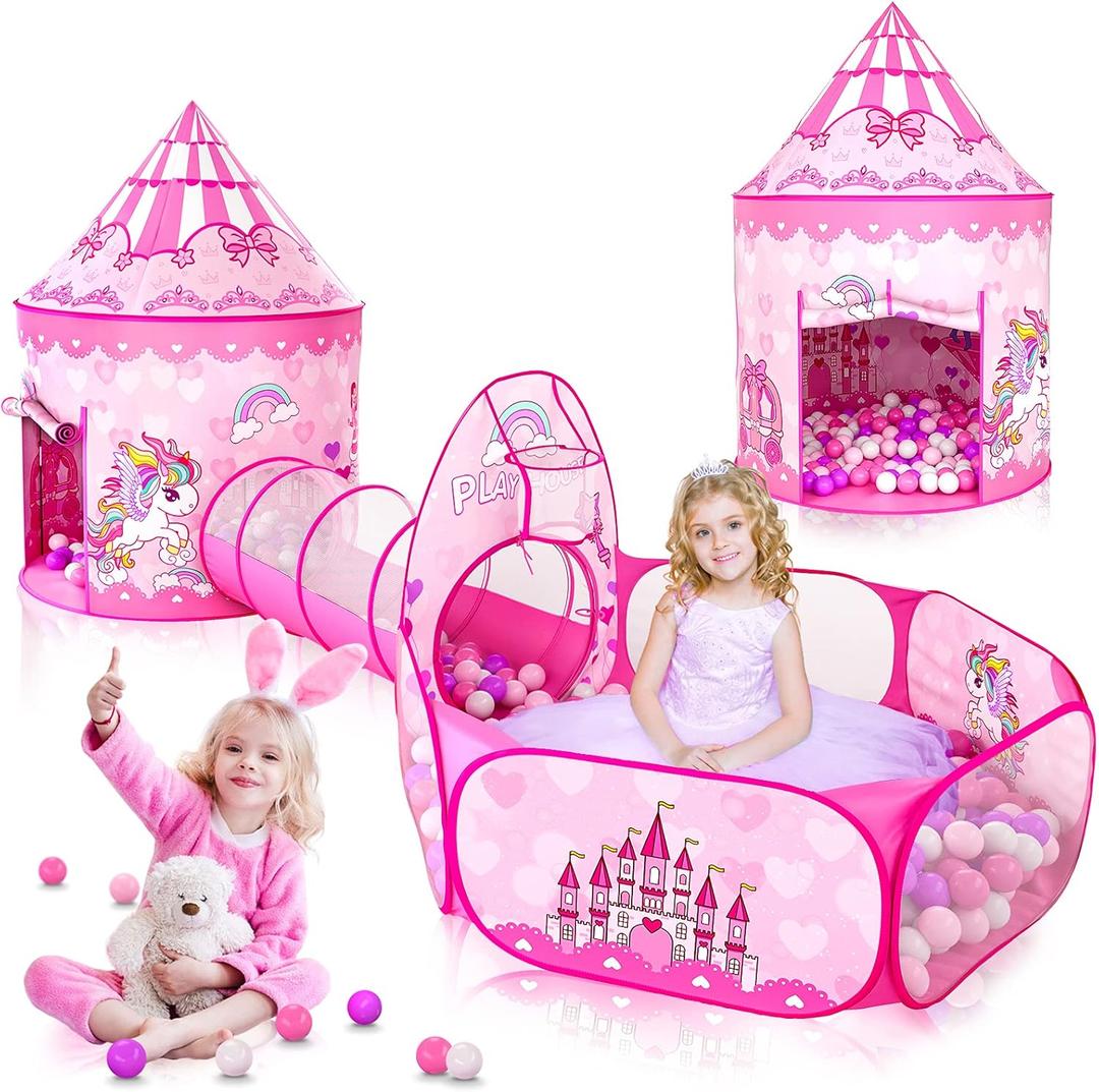 GeerWest 3PC Princess Tent for Girls with Kids Ball Pit and Crawl Tunnel for Toddlers, Pink Pop Up Playhouse Toys Indoor& Outdoor for Birthday Gifts