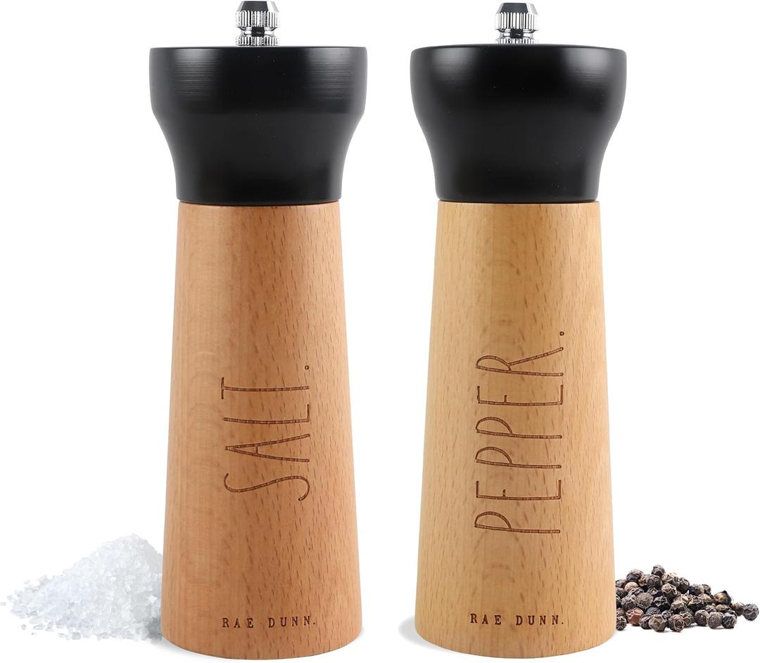 Rae Dunn Salt and Pepper Grinder Set of 2 - Bamboo Sea Salt Pepper Grinder - Classy Salt and Pepper Shakers - Pepper Mill & Salt Mill, Black