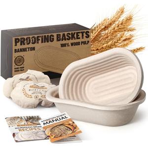 Wood Pulp Banneton Bread Proofing Baskets Set of 2, 11 Inch Oval 1.65LB Sourdough Banneton Basket with Liner, Non-Stick Dough Proofing Bowl for Rising and Baking