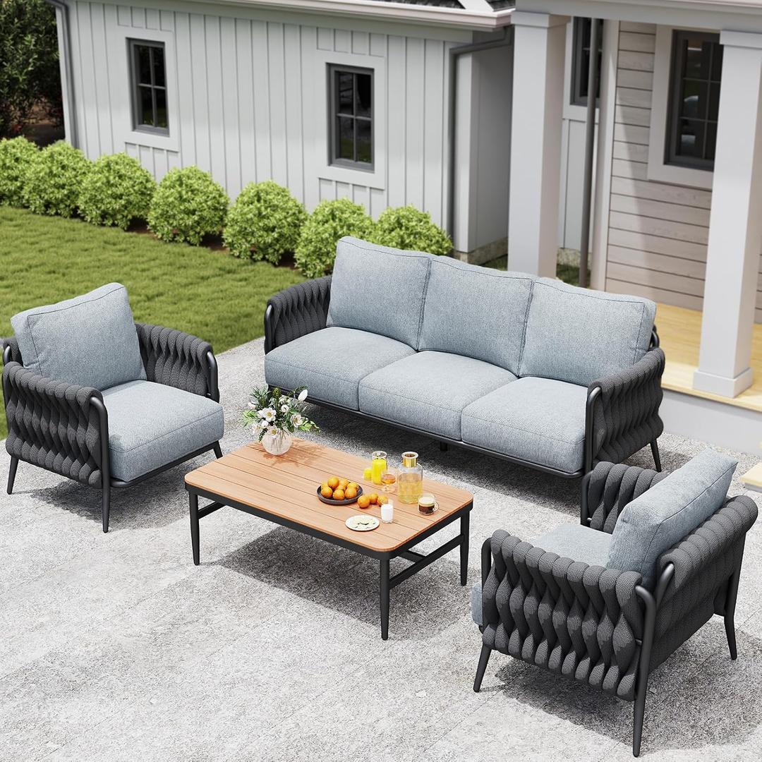 Outdoor Patio Furniture Set 6-Piece, Outdoor 5-Seat Sofa with Coffee Table, Waterproof Thick Cushion Patio Conversation Set, All Weather Outdoor Couch Set for Deck, Lawn, Balcony, Porch