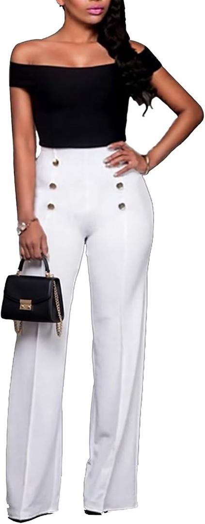 Women's Stretchy High Waisted Wide Leg Button-Down Pants Sailor Bell Flare Trousers
