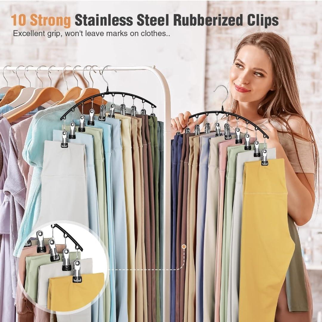Premium Curved Clothes Hanger with 10 Clips: Space-Saving Organizer for Yoga Pants and Leggings - Ideal for Clothing Retailers, Closet Organization, 20 Pack, Black