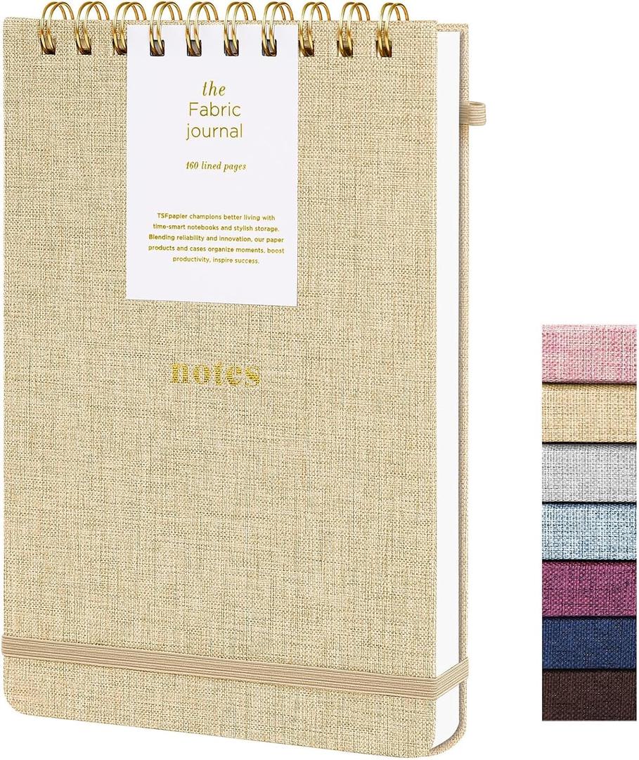A5 Top Spiral Notebook, Fabric Hardcover College Ruled Journal | 100GSM Paper 160 Lined Pages, 5.7"x8.39" Steno Pads with Elastic Band & Pen Loop, for Work, School Note Taking (Khaki)