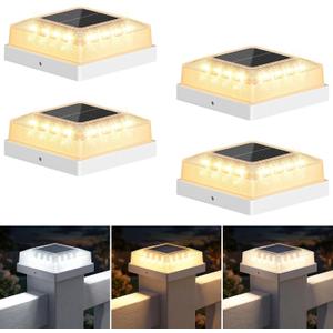 Brightever 4x4 Solar Post Cap Light 4-Pack, Fence Post Solar Lights with 3 Lighting Modes, Fits 4x4 3.5x3.5 Vinyl/Wood Posts, White Solar Powered Waterproof Deck Post Lights for Garden Patio Porch