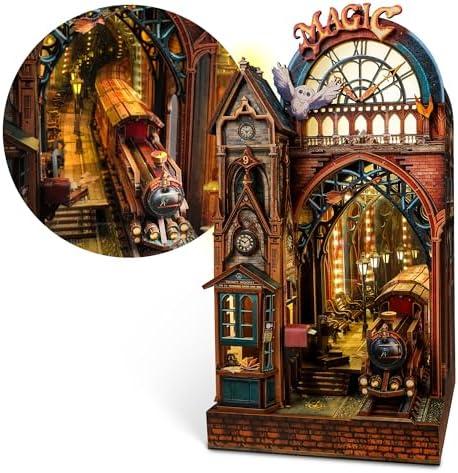FUNPOLA LED 3D Puzzle Magic Station Book Nook Kit - Interactive 3D Wood Puzzle LED Magical Miniature with Infinite Extension Space - DIY Bookshelf Insert Decor Gifts(Magic Station)