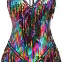 Women Sexy Sequin Fringe Bodysuit Romper Sparkly Tassel Latin Jazz Dance Acrobat Costume Dancing Music Festival Rave Outfits (Rainbow, M)