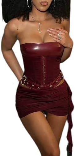 Sexy Two Piece Outfits for Women Off the Shoulder Leather Tube Top High Waist Ruched Mini Skirt Set Vacation Outfits,Red, S
