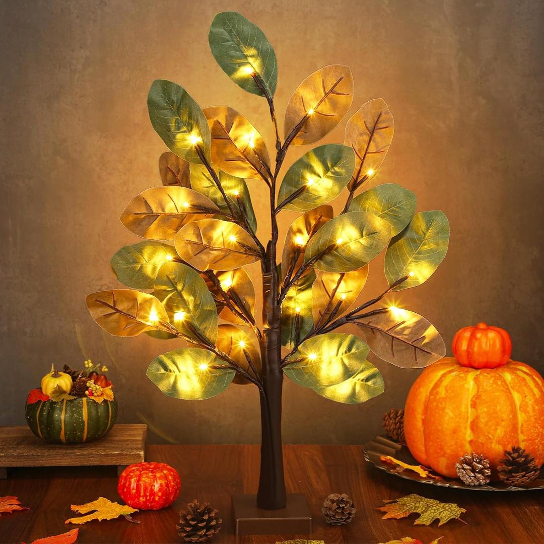 24 Inch Fall Magnolia Tree 24 LED Lights Battery Operated Artificial Tree Thanksgiving Table Centerpieces Decoration for Home Fireplace Autumn Harvest Tabletop Indoor Decor