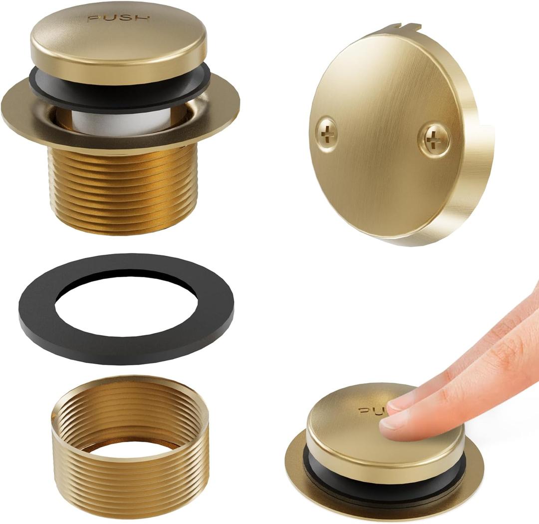 Esnbia Bath Tub Drain and Overflow Kit, Replacement Bathtub Drain Trim Kit with 2-Hole Overflow Faceplate and Universal Fine/Coarse Thread, Brushed Gold (Brushed Gold)