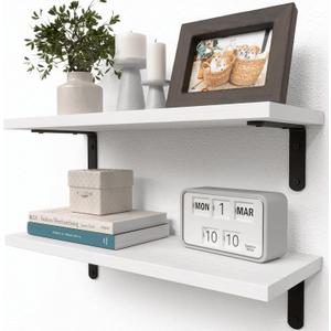 RICHER HOUSE Floating Wall Shelves, Rustic Wood Bathroom Shelves Set of 2, Farmhouse Style Shelf for Decor, Hanging Bedroom, Storage, Kitchen, Living Room - White (2 Pcs:16.54in)