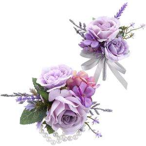 Canlierr 2 Pcs Dusty Corsage and Boutonniere Set Men Boutonnieres Corsage Bracelets Wristlet Band Wedding Flowers Accessories for Men Prom Suit Decorations(Purple)