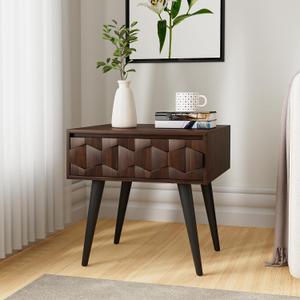 Bme Georgina Solid Wood Mid-Century Modern Side Table with Drawer  Fully Assembled Bedside Table with Rustic Geometric Pattern for Living Room or Bedroom (Walnut)