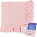 Ruffle Cotton Knitted Baby Blanket,Pink, Soft Pointelle, 40 x 31 in