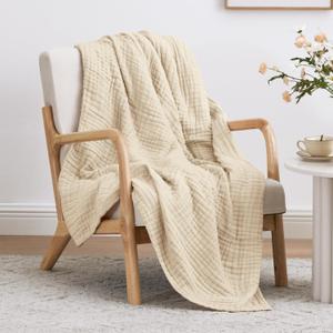 Love's cabin 100% Cotton Muslin Blanket, 6 Layer Lightweight Breathable Gauze Large Throw Blanket 50 x 70 Inches, Soft Cooling All Season Blanket for Couch or Sofa, Beige