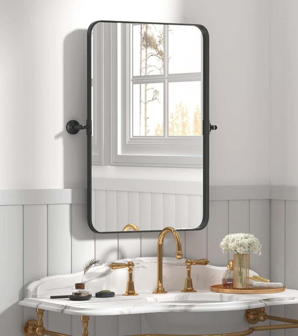 18"x28" Matte Black Pivot Mirror for Bathroom, Metal Frame Farmhouse Bathroom Mirrors for WallRectangle Titling Vanity Mirror with Rounded Corner Adjustable & Tilting