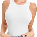 SIMIYA Tank Tops for Women Ribbed Sleeveless Racerback Summer Basic Cami Top Shirt Round High Neck Slim Fitted Blouses (White)