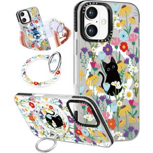 Toycamp for iPhone 16 Plus Case Compatible with Magsafe - Cute Design 360 Magnetic Ring Holder Stand Kickstand Funny Cat in Flower Girly Pretty Fashion TPU Phone Covers for Women Tenn Girls