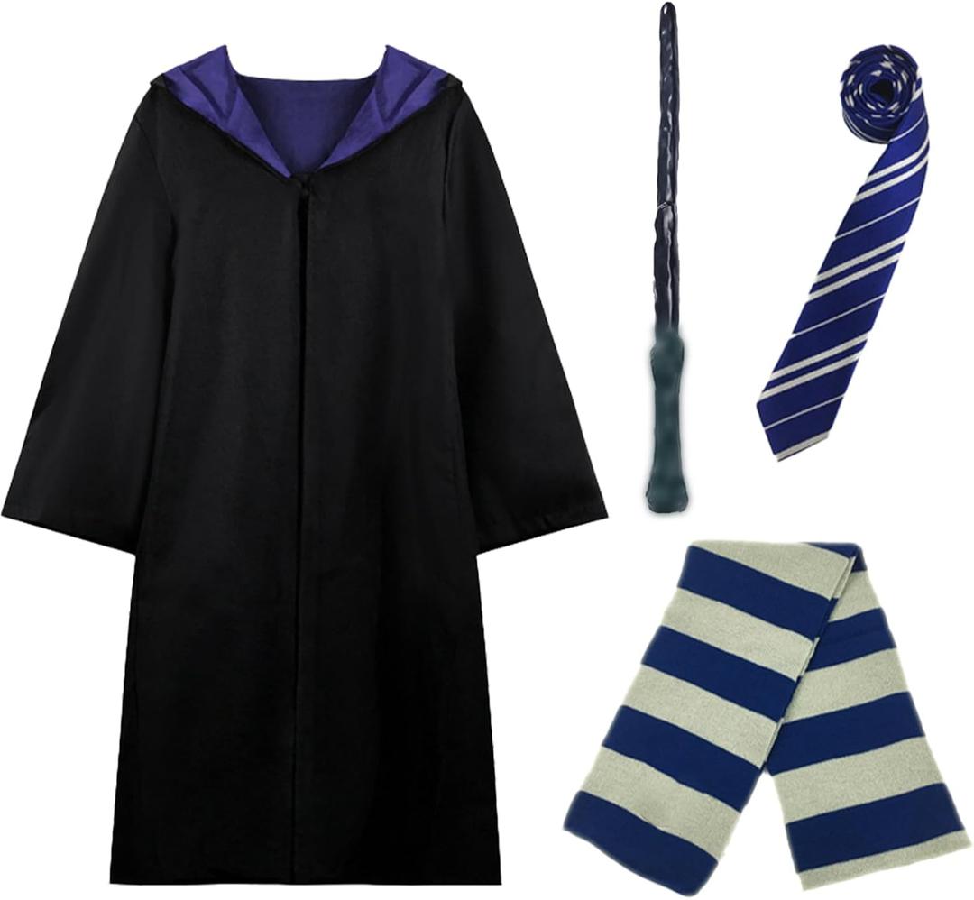 Kitimi Wizard Costume Cosplay Set, Wizard Cloak Robe for Adults Teens, Wizarding Halloween Costume Accessories for Party (Large, Blue)