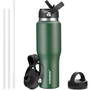 40 oz Insulated Water Bottle with Straw fit in Car Cup Holder(Cold 48 hrs, Hot 24 hrs) Drinking Bottle with Straw Lid, Spout Lid and Flex Cap Leakproof Travel Thermo MugOlive