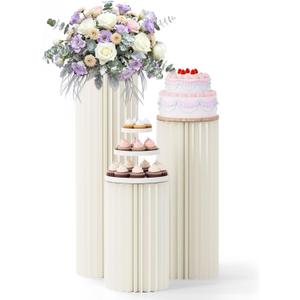 3 Pack Cylinder Stands for Party, Round Cake Pedestal Stands Foldable Buffet Food Risers White Cardboard Cylinder Stands with Acrylic Plates Centerpiece Cake Pedestal Stand for Birthday Wedding Table (3PCS-H468)