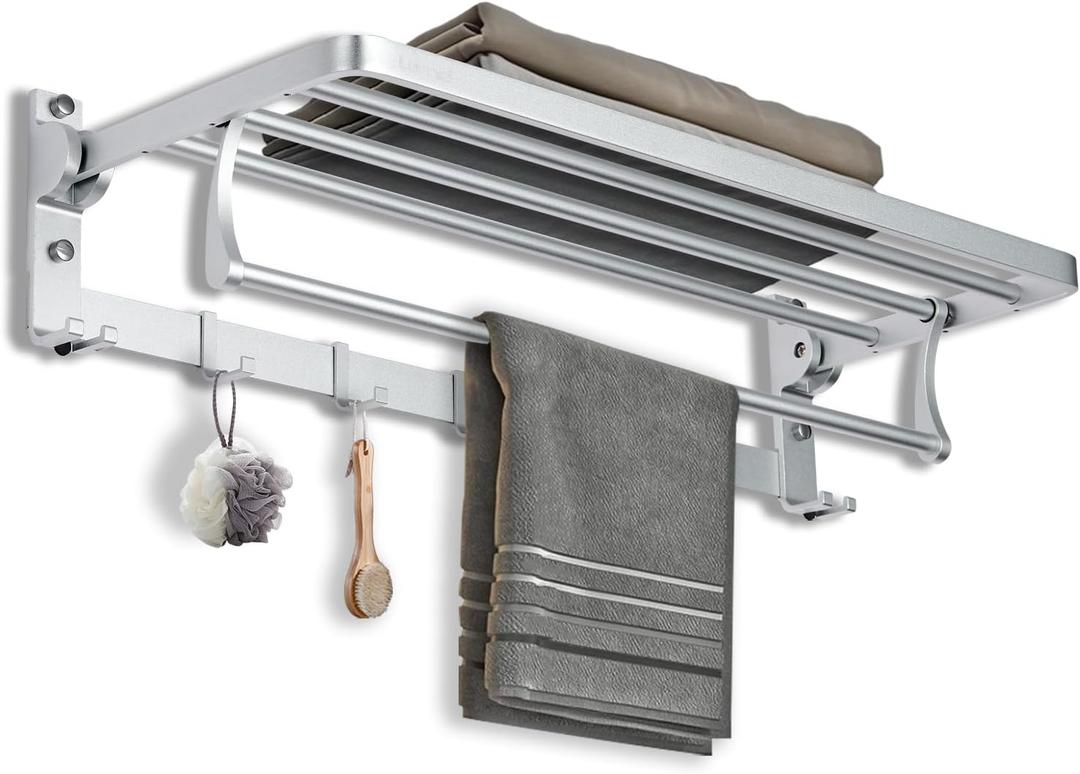 24 Inch Towel Racks for Bathroom Wall Mounted, Foldable Towel Rack with Shelf, Towel Storage Organizer with Movable 5 Hooks for Bathroom Lavatory, Silver