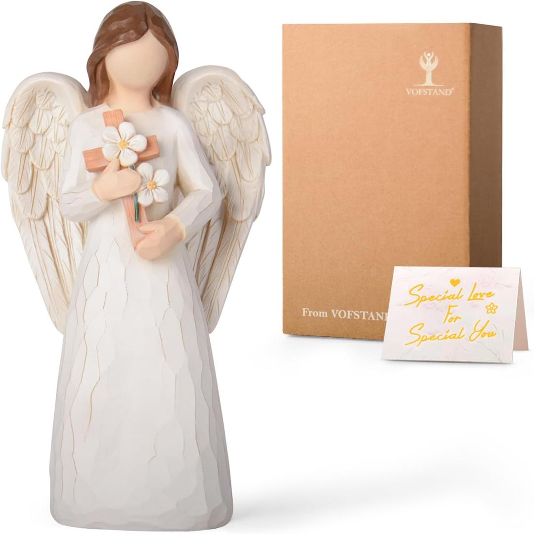Sympathy Gifts for Loss of Loved One - 6.7" Hand-Painted Angel Figurine Holding Cross with Flowers, Memorial Gifts for Loss of Mother Father, Remembrance Angel Statue Grief Gifts