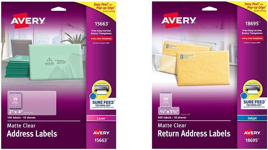 Avery Printable Shipping Labels with Sure Feed, 2" x 4", Matte Clear, 100 Blank Mailing Labels & Printable Return Address Labels with Sure Feed, 2/3" x 1-3/4", Matte Clear, 600 Blank Mailing Labels