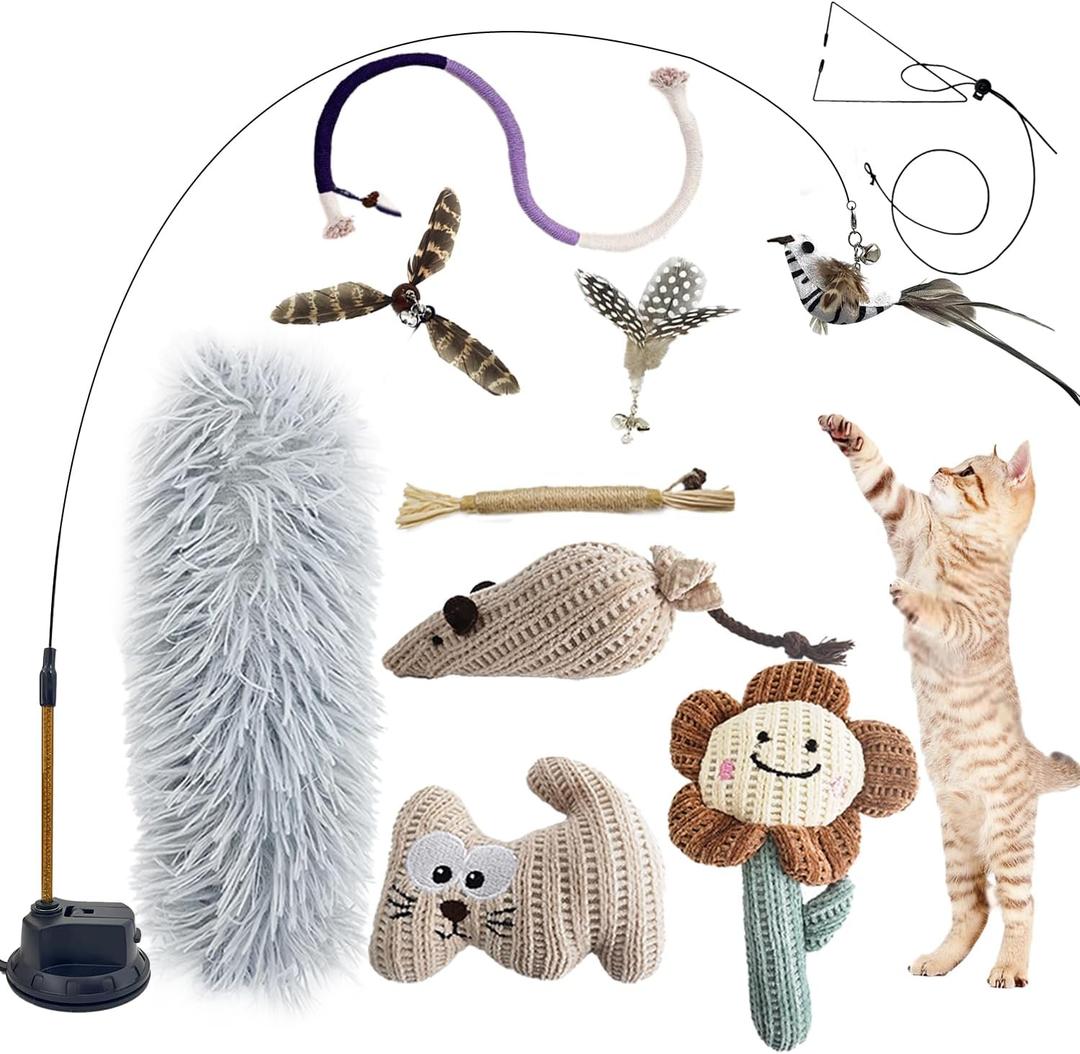 7-in-1 Kitten Toys for Indoor Cats with Washable Adhesive Suction Cup, Hanging Interactive Cat Toys, Silvervine Stick and Sisal Chew Rope Catnip Teething Toy for Bored Kitten (Neutral)
