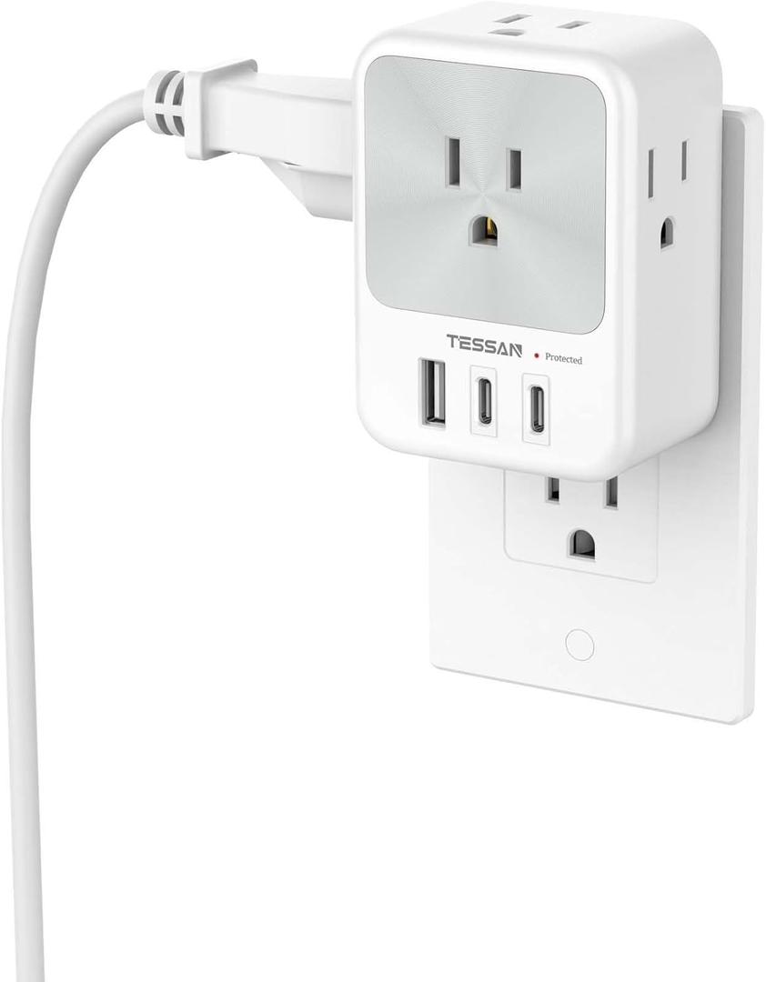 TESSAN Surge Protector Wall Outlet Extender, Multi Plug Outlet Splitter with 3 USB Charging Blocks(2 USB C), Multi Plug Wall Charger for Home, Office, School, College Dorm Essentials, Grey