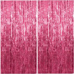 2 Pack Foil Curtain Backdrop Pink Metallic Tinsel Foil Fringe Curtains Photo Booth Props for Birthday Valentines Day Wedding Engagement Baby Shower Bachelorette Christmas Holiday Party Decorations