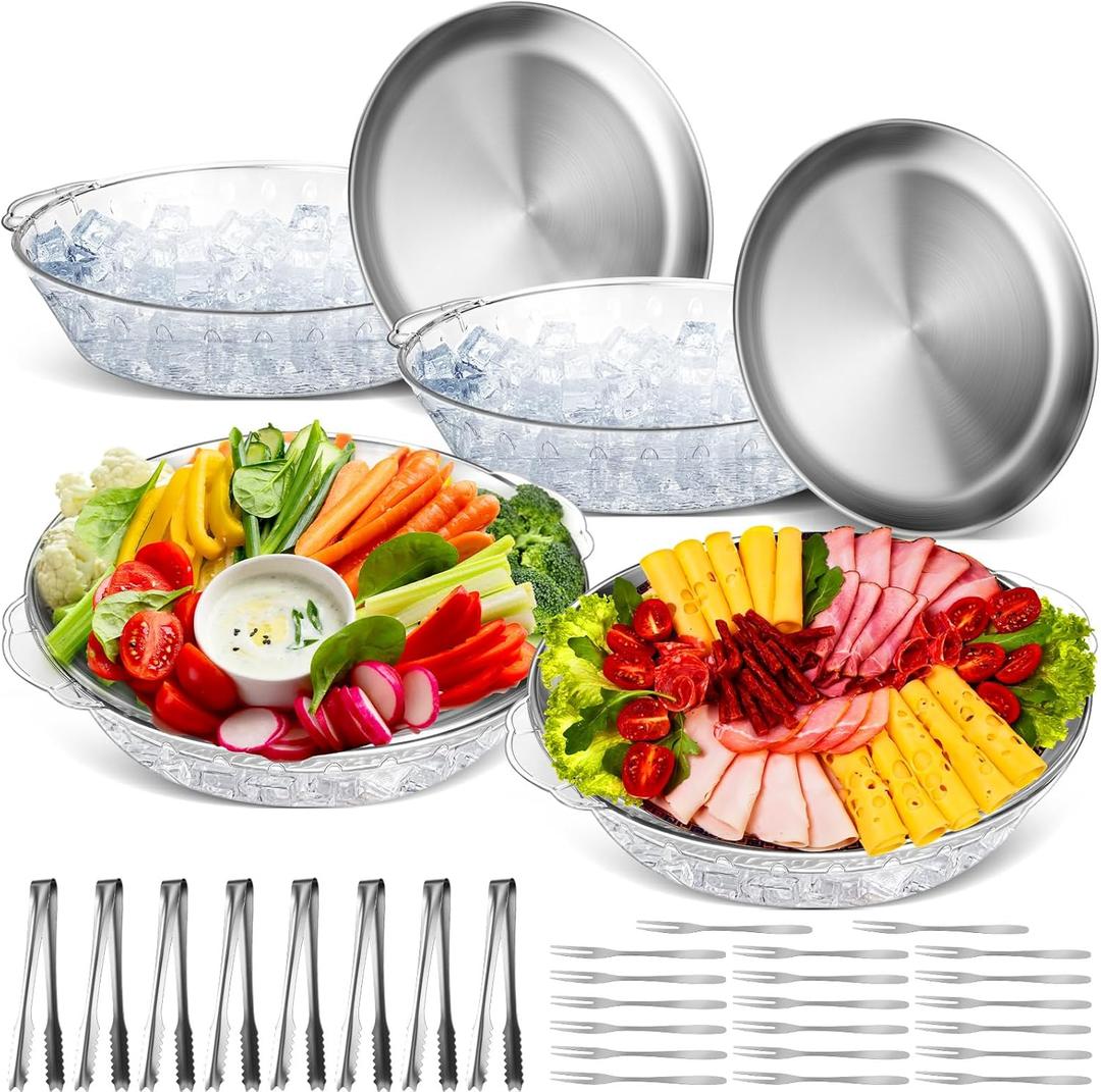 Baderke 4 Sets 11.8" Chilled Serving Tray for Parties Round Iced Platter with Ice Underneath Stainless Steel Clip Fruit Fork Shrimp Cocktail Serving Dish for Oysters Crawfish Fruits (Original)