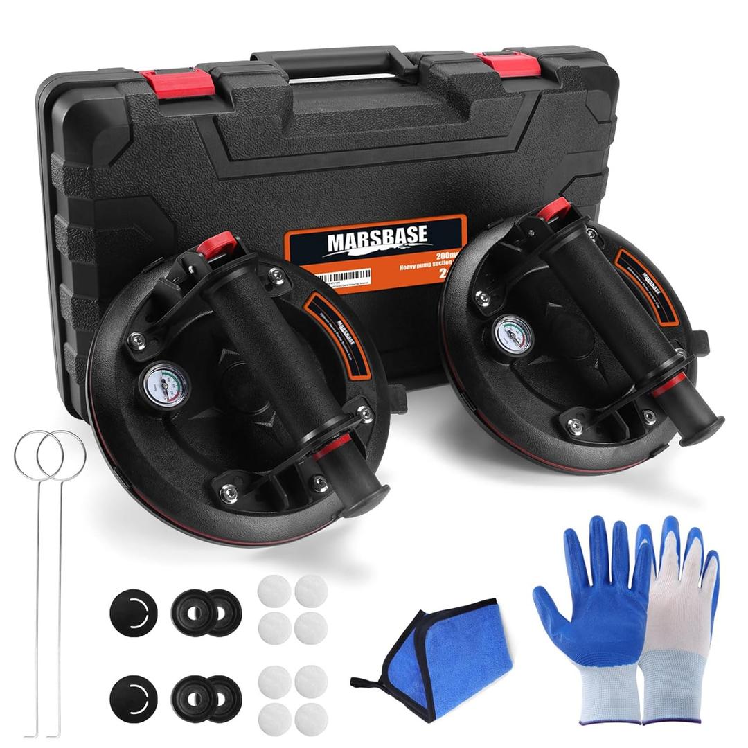 MARSBASE 8" Heavy Duty Suction Cups with Pressure Gauge, Glass Suction Cups to Lift Large Glass, 2 Pack 880 lbs Load Capacity, Suction Cups with Carrying Case for Window,Tiles, Windshield