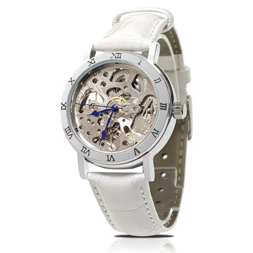 Gute Women's Watches, Mechanical Automatic Self-Winding Watch for Women, Steampunk Lady Dress Bracelet Wrist Watch with Genuine Leather Watch Band Strap