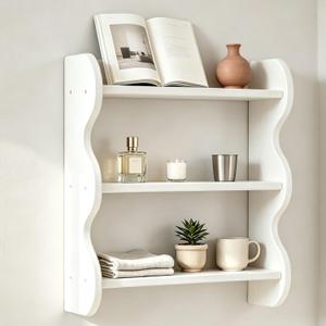 3 Tier Solid Wood Wall Shelf, Rustic Floating Storage Organizer Solid wood, 3-tier vertical storage, wavy-edge rustic style, wall-mounted design for books, plants, mugs, and deco.