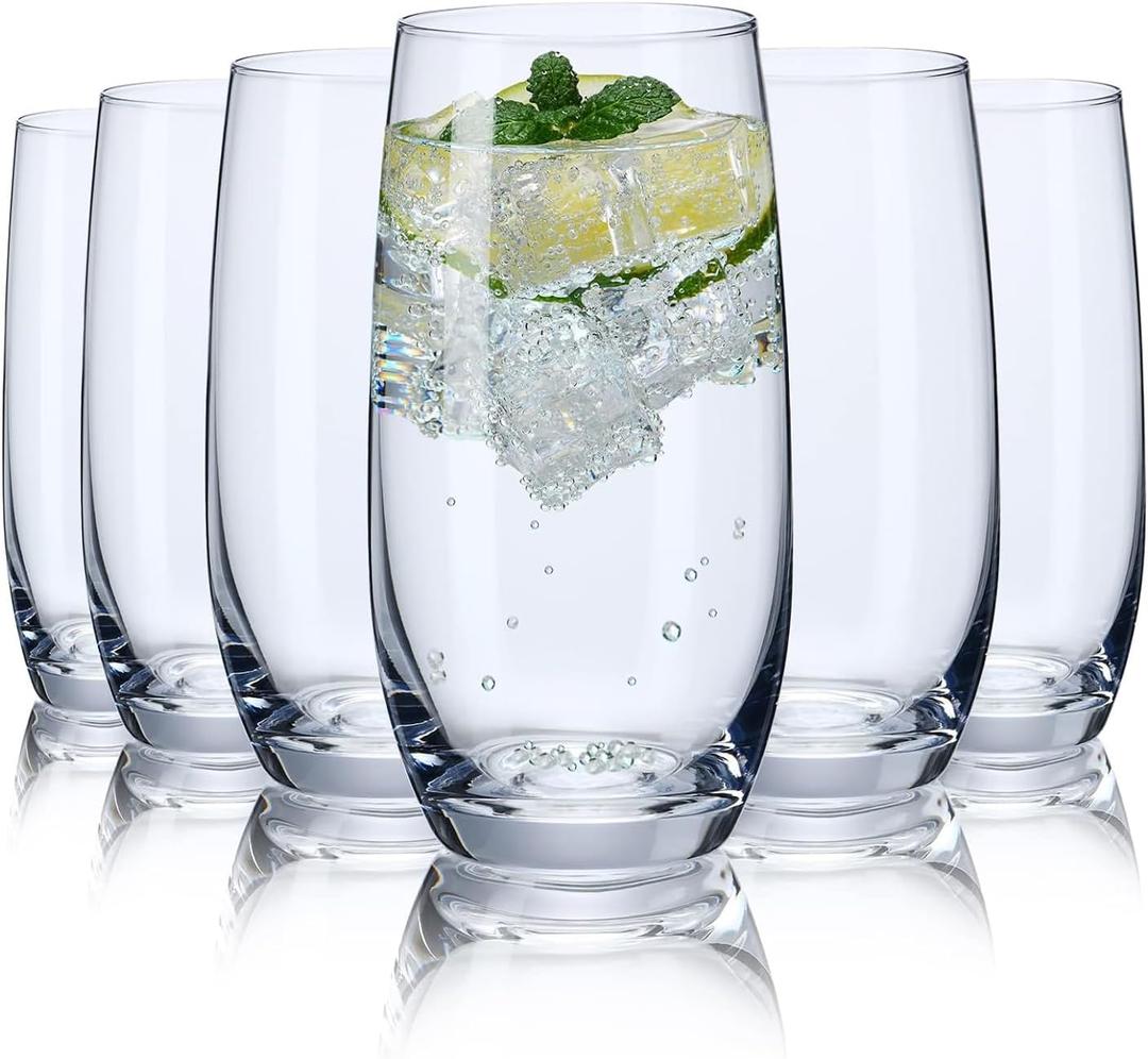 Drinking Glasses Set of 6, Crystal Highball Water Glasses, Glass Cups for Water, Juice, Beverage, Mojito, Mixed Drinks, Cocktail Glass Set 13 Oz