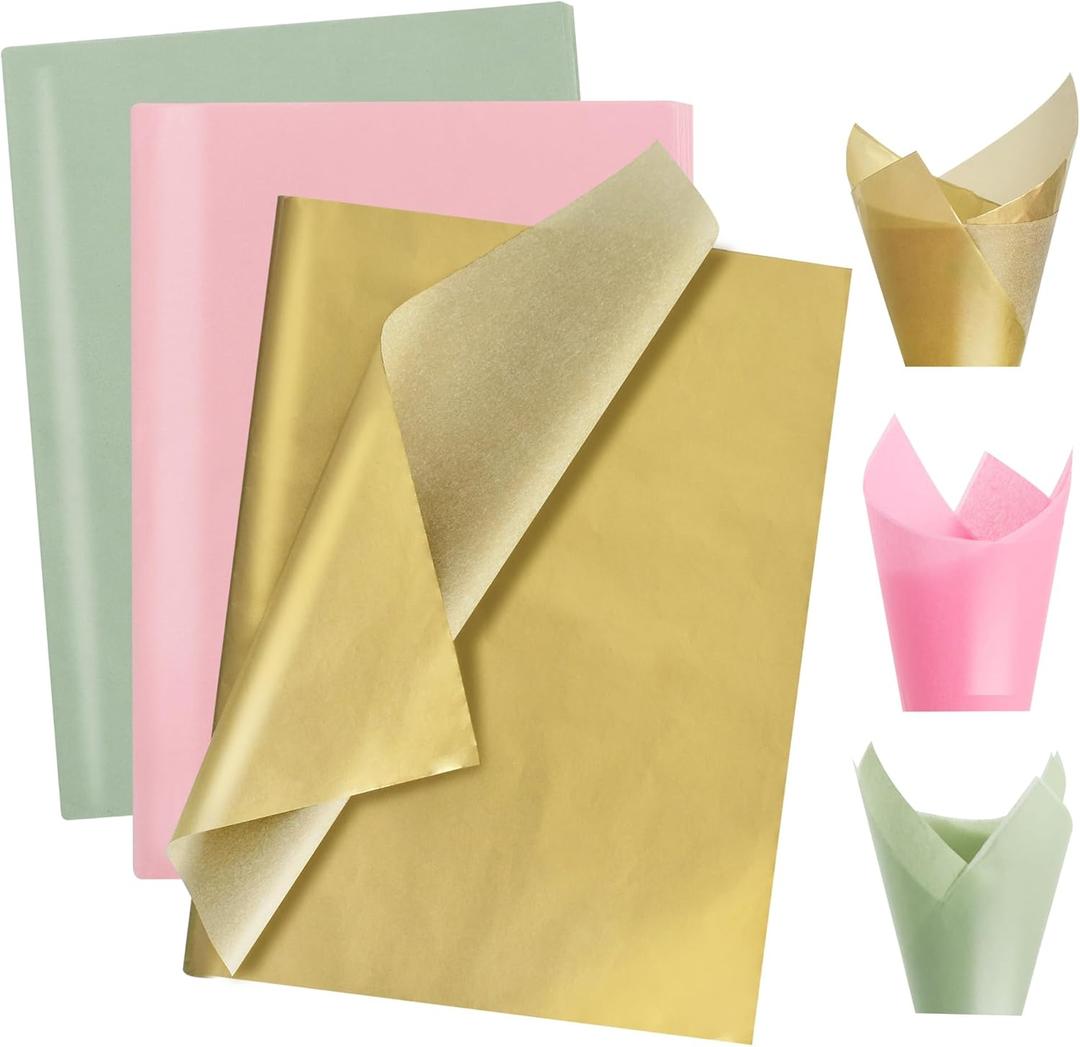 BEISHIDA 90 Sheets Sage Green Pink Gold Tissue Paper Bulk, Wrapping Tissue Paper for Gift Bags, 14 x 20 Inch Gift Wrap for Wedding Birthday Christmas Party DIY Crafts Decor Holiday Flowers