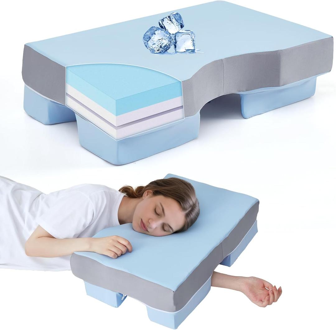 Side Sleeper Pillow with Arm Hole, Adjustable Shoulder Pillow for Side Sleepers, Memory Foam Pillows Provides Support & Reduces Arm Pressure, Cooling Nylon arn piliows, Cuff Pain Relief, Blue