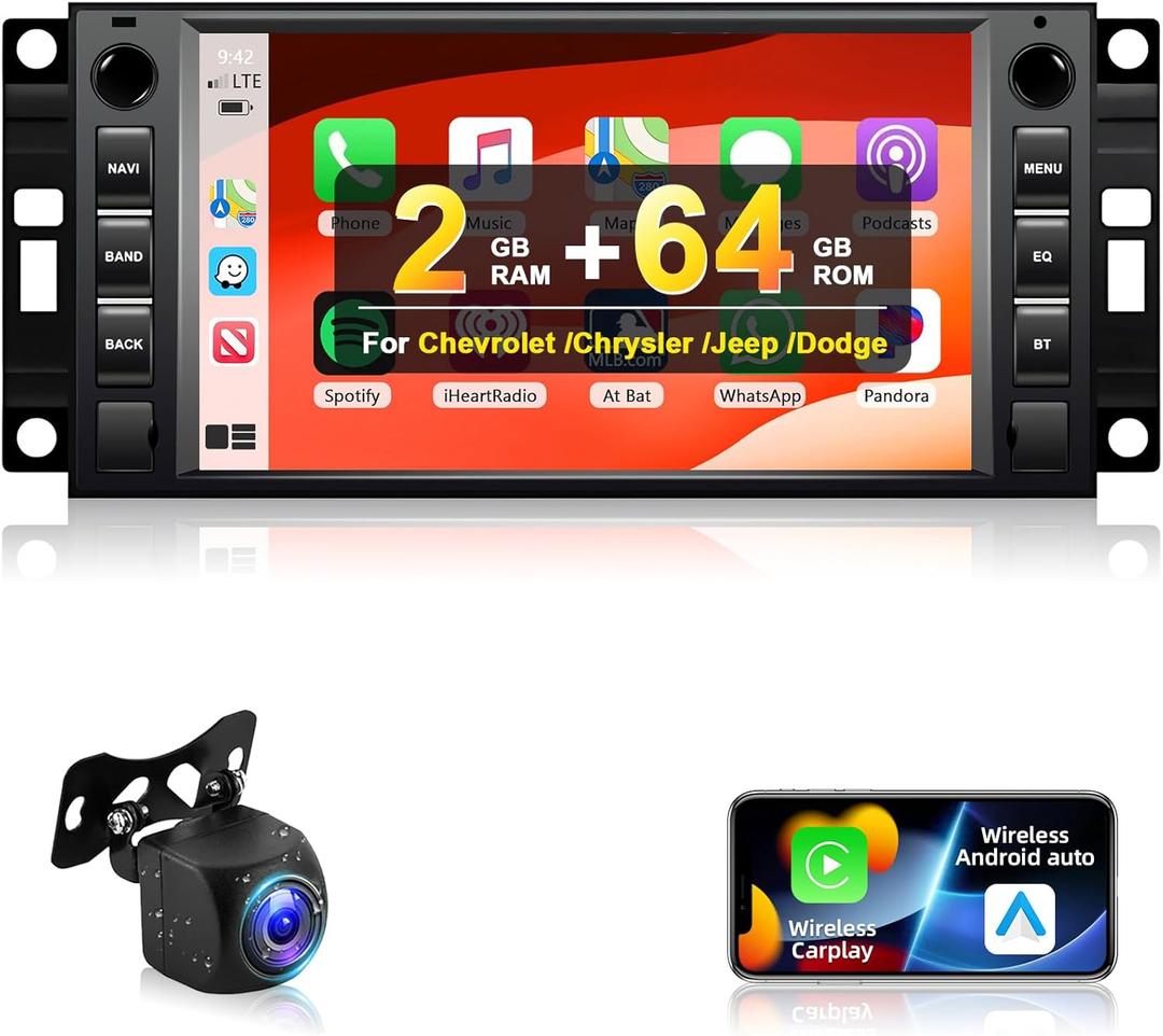Podofo 2+64G Android 13 Car Stereo for Jeep Wrangler Dodge Chevrolet Chrysler with Wireless Carplay&Android Auto,7Inch HD Touch Screen Radio with GPS/WiFi/Mirror Link/Bluetooth/FM/RDS+AHD Camera